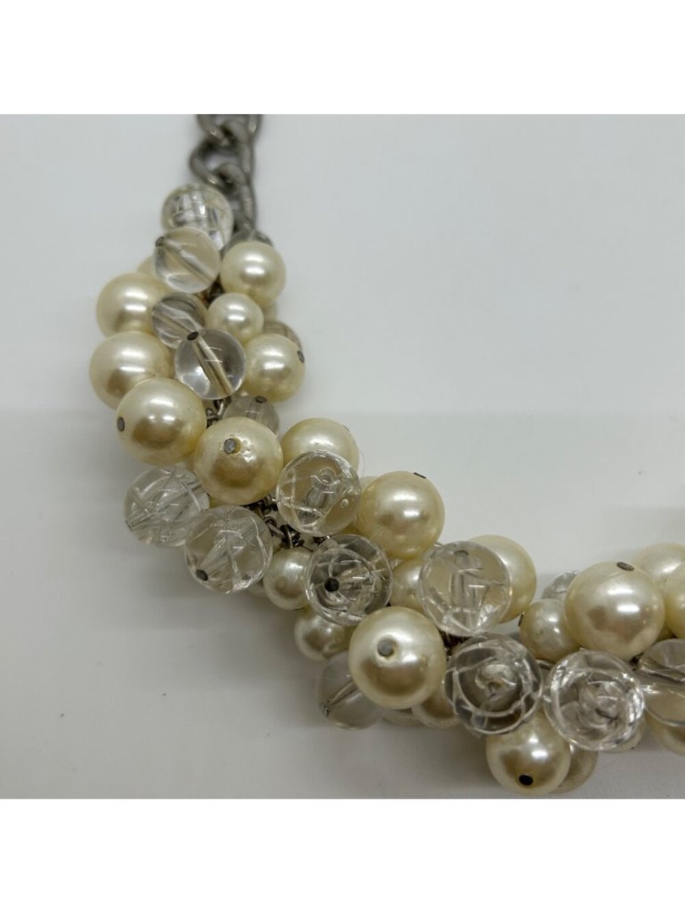 Faux Pearl & Clear Crystal Necklace Chunky Statement Bib Silver-Tone Adjustable - Picture 3 of 15